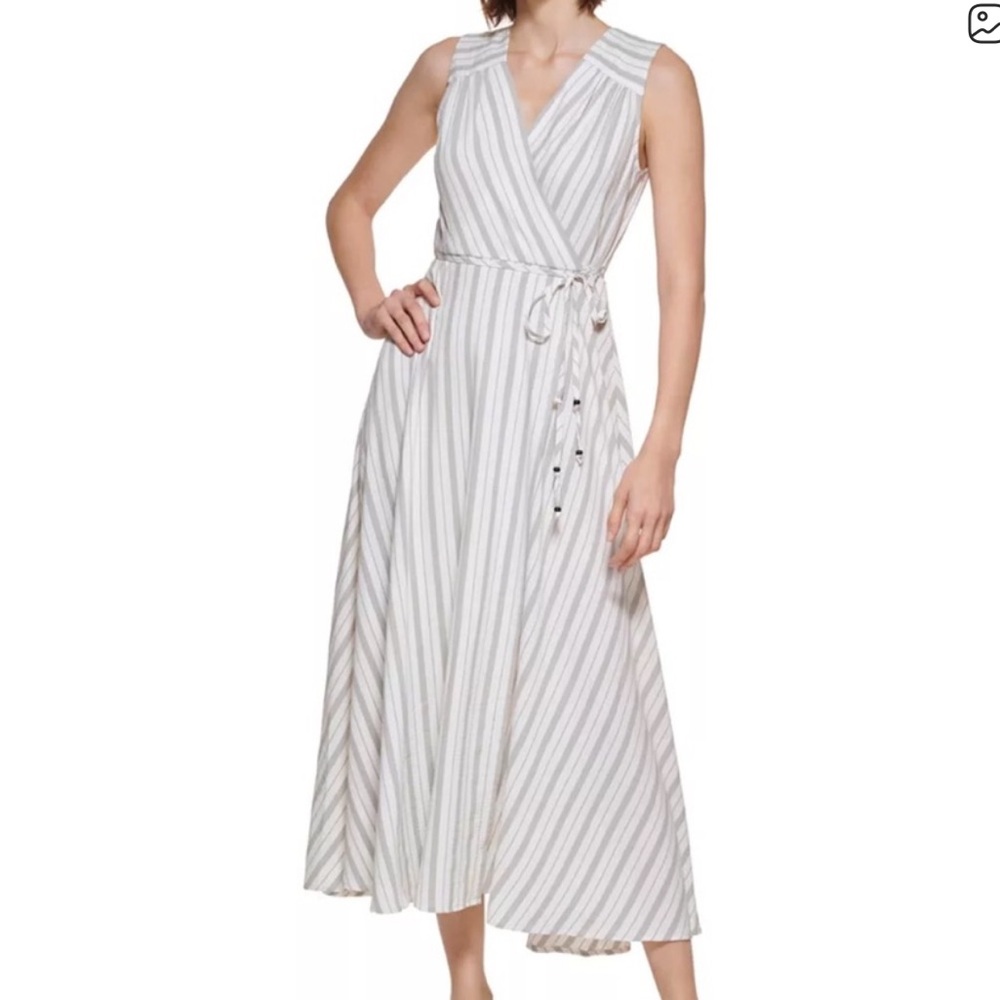 Calvin Klein Asymmetrical Striped Dress - White and Gray